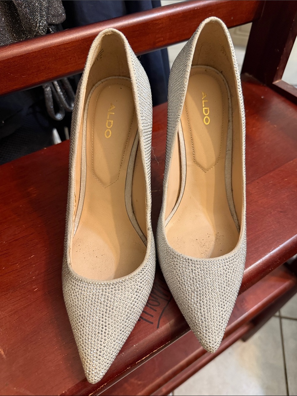 ALDO Taupe-Rhinestone Pointed Toe Pumps